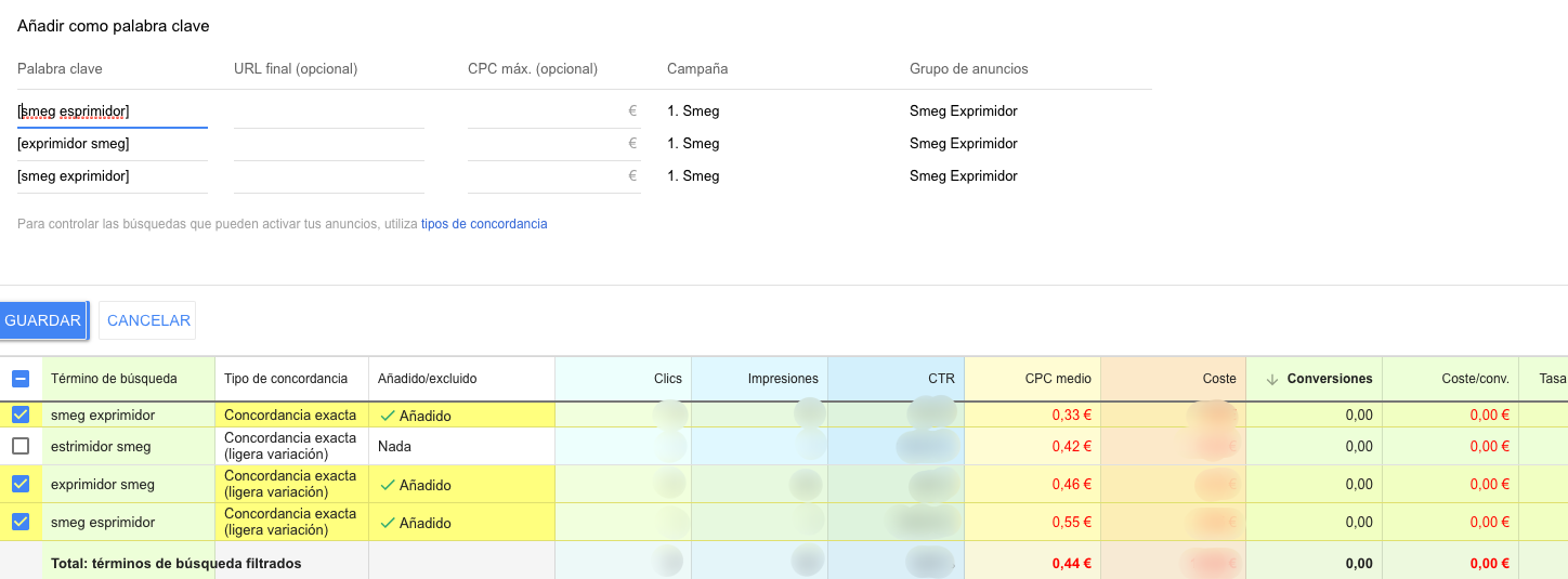 Añadir palabras clave nuevas en el grupo de anuncio desde Google Ads