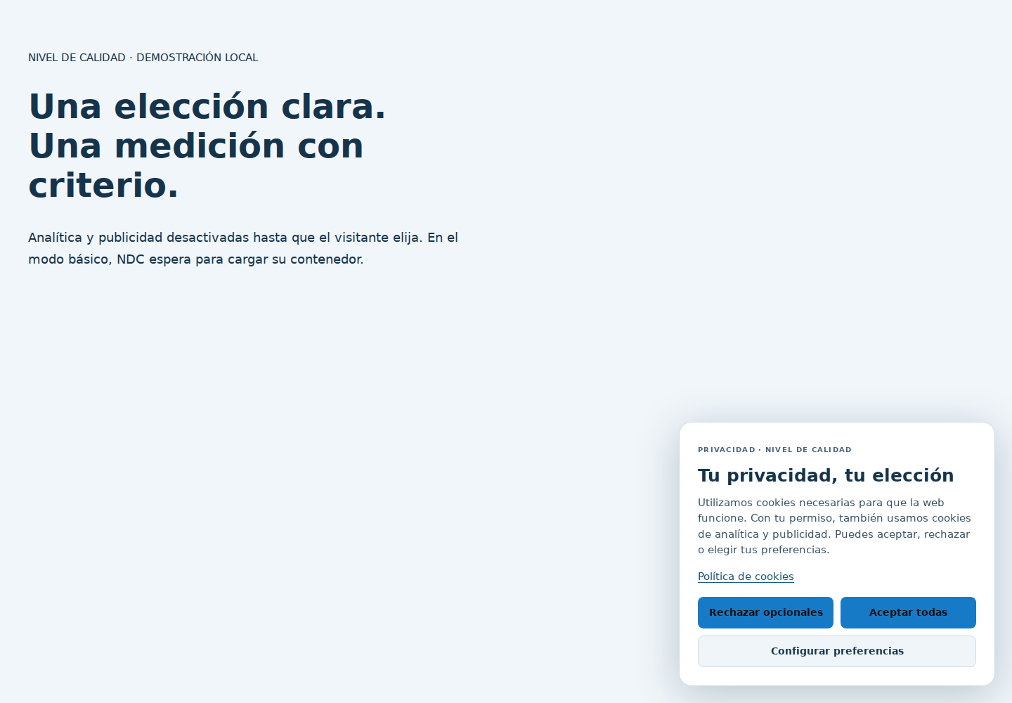 Banner NDC con las opciones Rechazar opcionales, Aceptar todas y Configurar preferencias