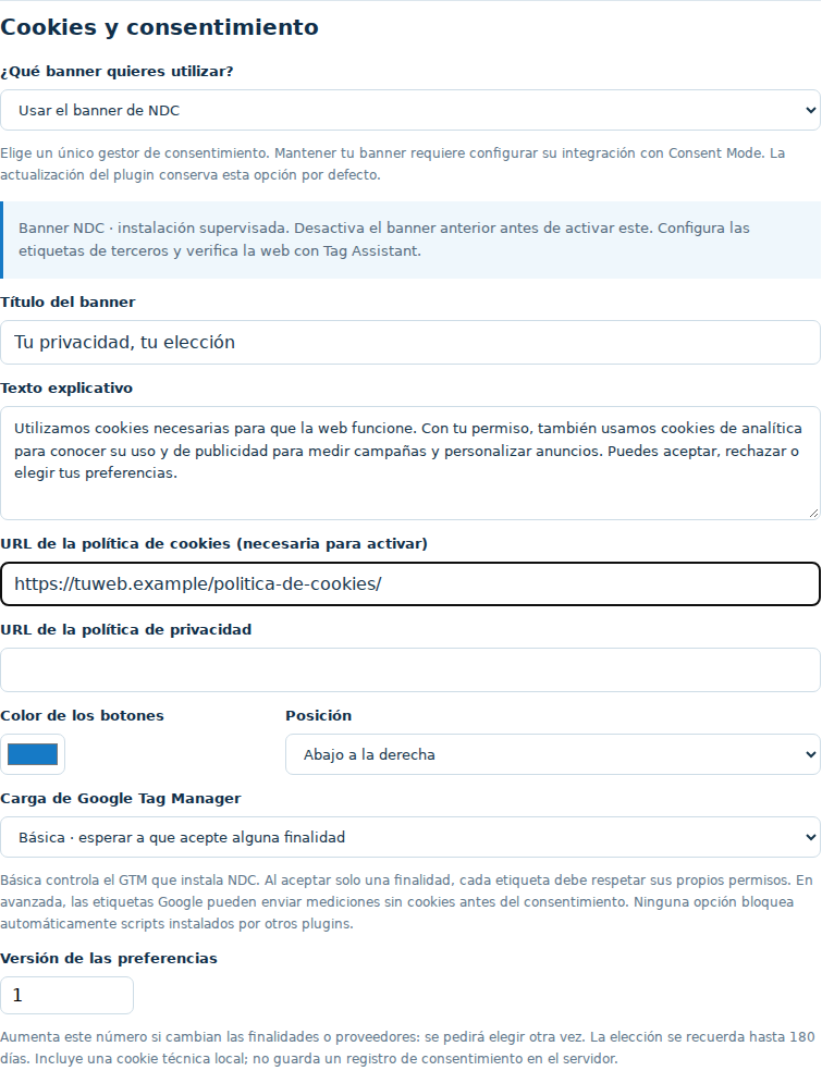Ajustes del módulo de cookies NDC: selector de banner, textos, políticas, color, posición, modo y versión de preferencias