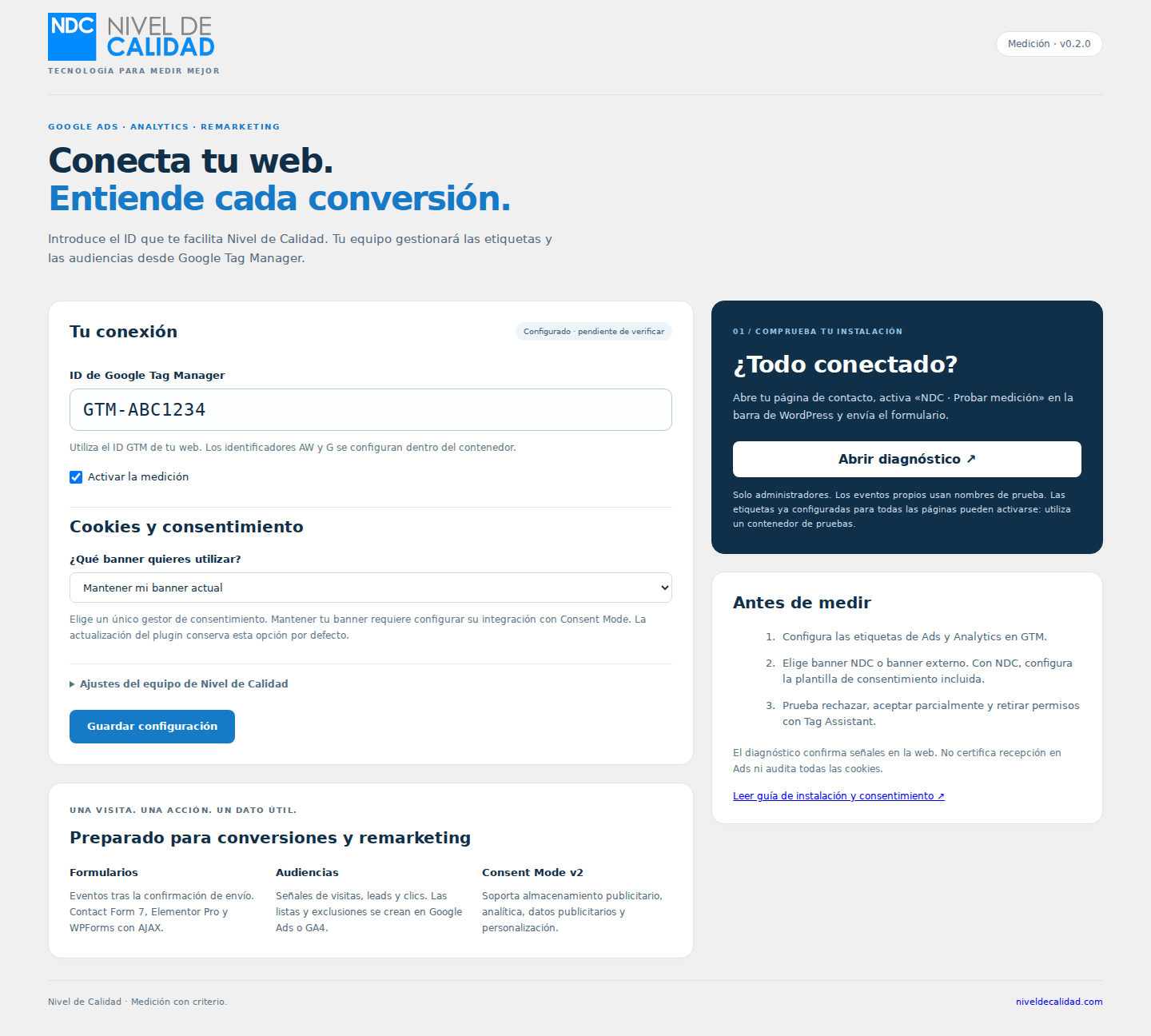 Panel de configuración de NDC Medición en WordPress con el campo para introducir el ID de Google Tag Manager