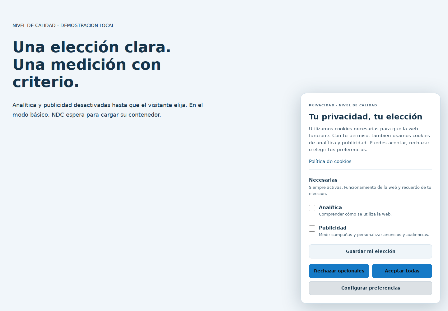 Preferencias de cookies NDC con analítica y publicidad sin marcar y el botón Guardar mi elección