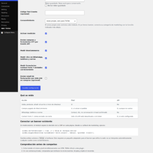Panel de NDC TikTok en WordPress: ID del píxel, Events API, consentimiento y opciones de medición